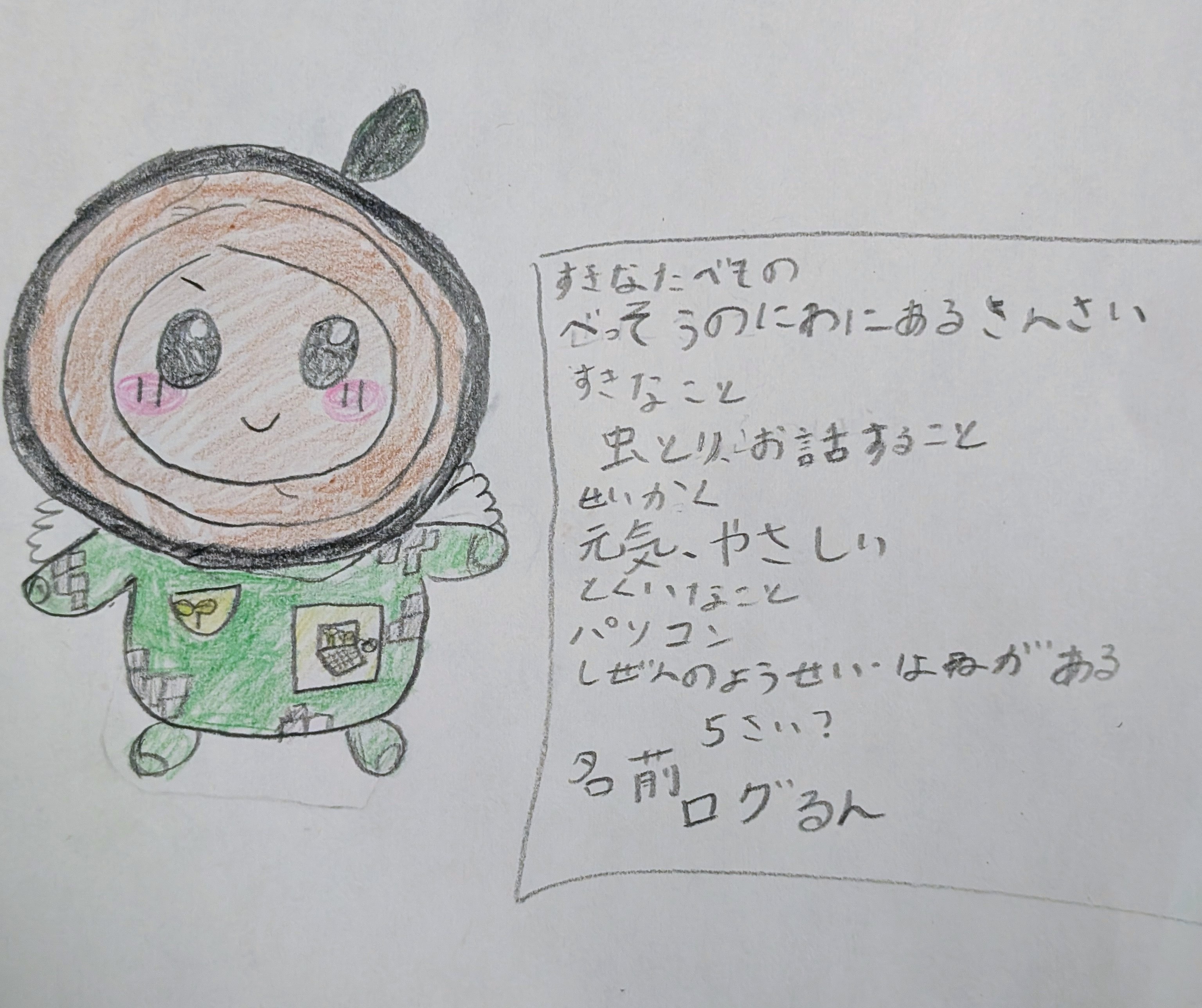 色鉛筆で描かれたログるんの原画と手書きのキャラ設定